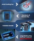Diagram showing axial cooling fan, standard JR module bay, foldable handle, large battery bay of 2.4GHz ELRS Transmitter With Nano Receiver And VS M Hall Gimbal EdgeTX IPS Color Touchscreen Controller