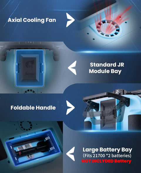 Diagram showing axial cooling fan, standard JR module bay, foldable handle, large battery bay of 2.4GHz ELRS Transmitter With Nano Receiver And VS M Hall Gimbal EdgeTX IPS Color Touchscreen Controller