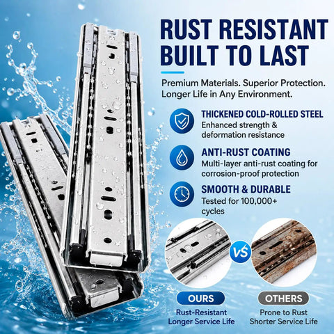 Heavy Duty Soft Close Drawer Slides Full Extension Side Mount Runners With Drop Dead Quiet Damping For Wood Cabinetry, rust-resistant steel.