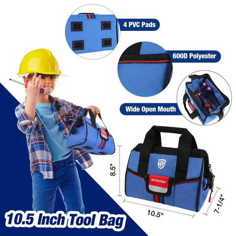 Child holding the 9 Piece Kid Friendly Real Hand Tool Set For Boys And Girls Blue Junior Tool Kit With Storage Bag