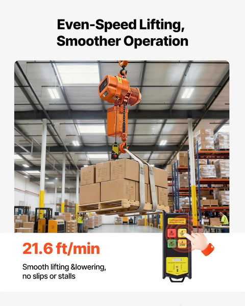 Built Tough Heavy Duty Electric Chain Hoist Up To 4400 Lbs With 20 Ft Lift Height Three Phase Dual Voltage 208 To 240V And 440 To 480V 60Hz Overhead Crane With 328 Ft Wireless Remote G100 Single Chain Lift in warehouse lifting boxes.