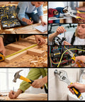 Collage of people using 218 Piece Home Tool Kit With General Household Hand Tools Set Including Screwdrivers, Wrenches, Hammer, Bow Saw