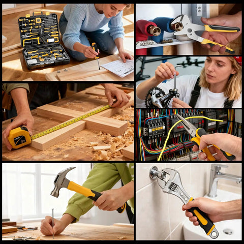 Collage of people using 218 Piece Home Tool Kit With General Household Hand Tools Set Including Screwdrivers, Wrenches, Hammer, Bow Saw
