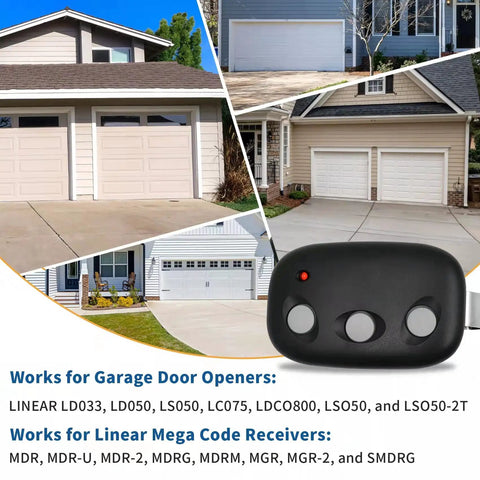 Two Pack Garage Door Remote For Linear Opener Systems 318 MHz with garage images, compatible with LD050 LD033 LDCO800.