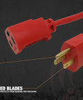 Close-up of reinforced blades and three-pronged plug on Outdoor 100 Foot 14/3 Gauge Extension Cord With Lighted End For All Purpose Power