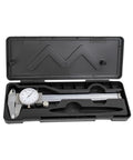 4-Way Imperial Dial Caliper 0-6 Inch displayed in black protective case, showing durable carbon steel construction for precise measurements.
