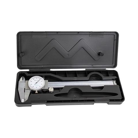 4-Way Imperial Dial Caliper 0-6 Inch displayed in black protective case, showing durable carbon steel construction for precise measurements.