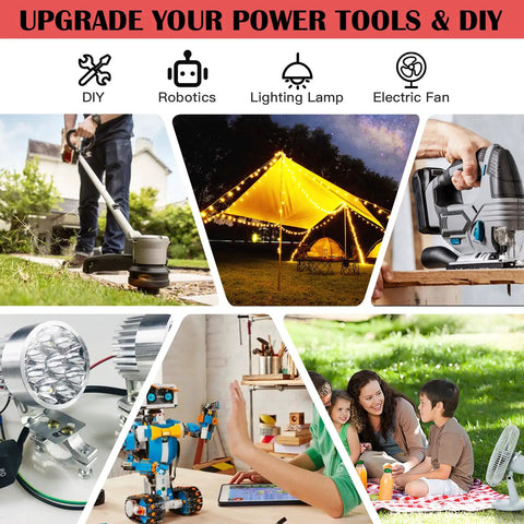 Collage showing uses for Two Pack 18V Battery Adapters For M18 Compatible, including DIY, lighting, robotics, and family projects.