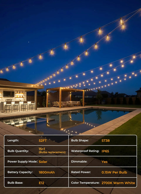 52Ft Solar String Lights For Outdoor Patio Waterproof With Remote And Timer, USB Or Solar Powered Dimmable Backyard Party Lights For Vibe.