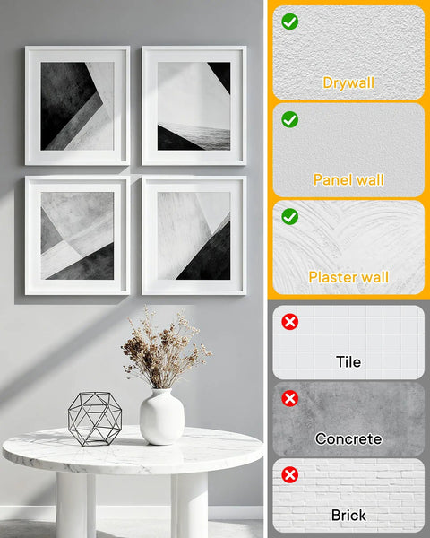 Image showing four art frames hung on drywall using 40 Pack Picture Hangers Super Hooks For Drywall No Tools Needed Holds Up To 100 Lbs Silver Finish Heavy Duty Design For Art Frames Canvases Mirrors Clocks Or Planters In Living Room Bedroom Kitchen Decor.
