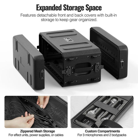 4U Shallow 19 Inch Rackmount Case with detachable front and back covers, showcasing storage compartments for wireless mics and gear.