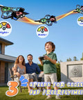 Foam Remote Control Airplane With Lights For Kids And Adults Blue Body flying outdoors with family, showcasing 3 speed settings.