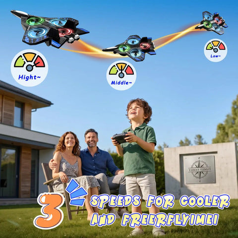 Foam Remote Control Airplane With Lights For Kids And Adults Blue Body flying outdoors with family, showcasing 3 speed settings.