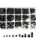 Top Shelf Heavy Duty Black Nylon Phillips Pan Head Screw And Hex Nut Assortment With 510 Metric Pieces M2 M2.5 M3 M4 M5 in storage box.