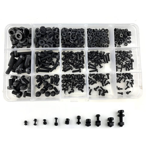 Top Shelf Heavy Duty Black Nylon Phillips Pan Head Screw And Hex Nut Assortment With 510 Metric Pieces M2 M2.5 M3 M4 M5 in storage box.