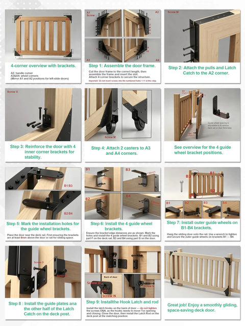 Sliding Gate Kit Heavy Duty Gate Hardware With Wheel For 1 To 2 Inch Thick Wooden Gates Anti Sag Fence System showing assembly steps and brackets