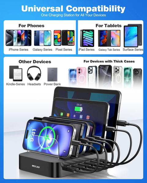6 Port USB Charging Station Organizer for Multiple Devices with 6 Cables All In One Fast Charging Dock for iPhone iPad Android Tablets