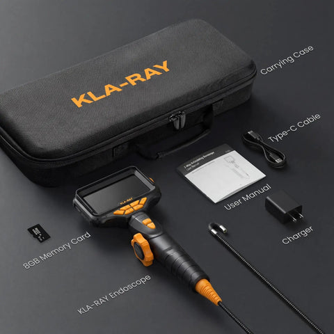 Carrying case and components of Rock Solid Two Way Articulating Borescope With Bright Led Lamp And Kickass Flexible Snake Cable.