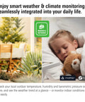 Split image showing outdoor weather station setup on porch and child with teddy, highlighting use for temperature monitoring.