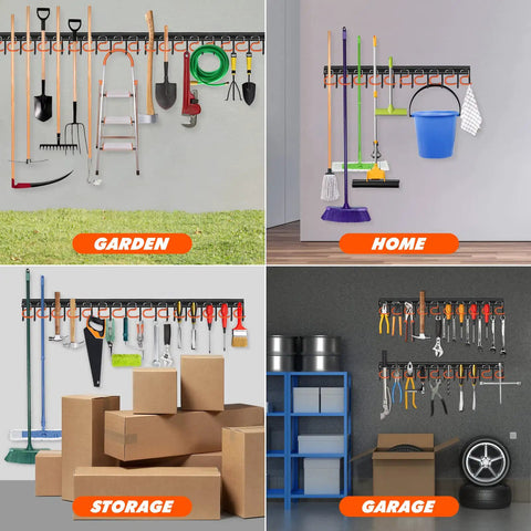68 Inch All Metal Garden Tool Organizer System Adjustable Wall Mount Garage Organizer With Heavy Duty Hooks And Tool Hangers displayed in garden, home, storage, and garage settings.