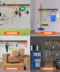 All Metal Garden Tool Organizer With Adjustable Wall Mount Heavy Duty Hooks hangs tools in various settings: garden, home, storage, garage.
