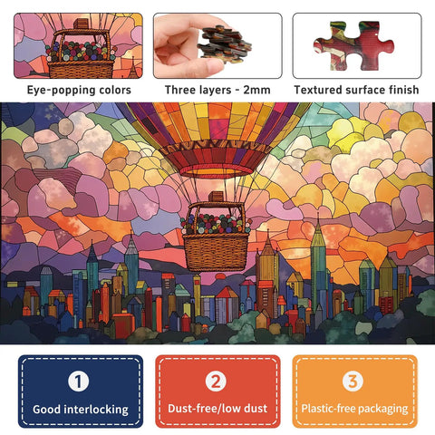 Stained Glass Hot Air Balloon 1000 Piece Jigsaw Puzzle City In The Clouds Scene That Slaps For Game Night And Gift Giving