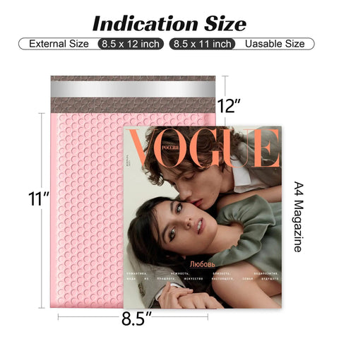 Light Pink 8.5x12 Inch Bubble Mailers, comparison with A4 magazine, opaque matte finish, self-seal, for small biz, durable bubble bags