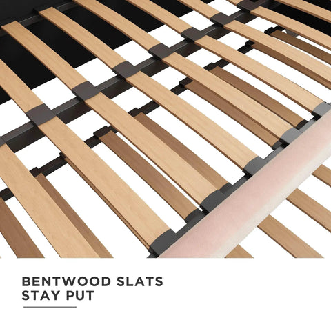Detail of bentwood slats on Valentina Twin Upholstered Daybed With Trundle In Pink Velvet For Sleepovers And Quick Guest Beds