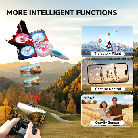 RC Plane With 1080P Camera For Adults And Kids, showcasing FPV live view, trajectory flight, gesture control, and gravity sensor features.