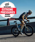 Cyclist riding on a road with a racing bicycle. A sign reads 'Extreme Pressures Without Shearing' above the image.