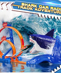 Shark Themed Car Race Track Set With Dual Loop And 2 Cars And Launchers featuring a shark mouth obstacle and jump ramp.