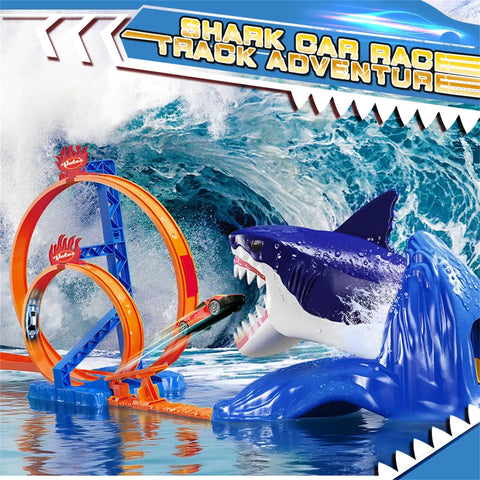 Shark Themed Car Race Track Set With Dual Loop And 2 Cars And Launchers featuring a shark mouth obstacle and jump ramp.