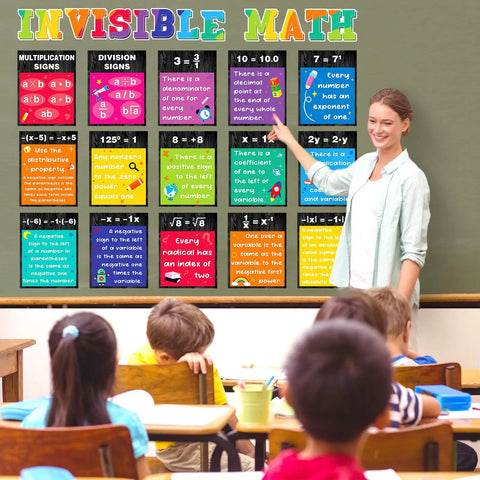 Invisible Math Must-Have Poster Set for Classrooms displayed in classroom with teacher and students in front.