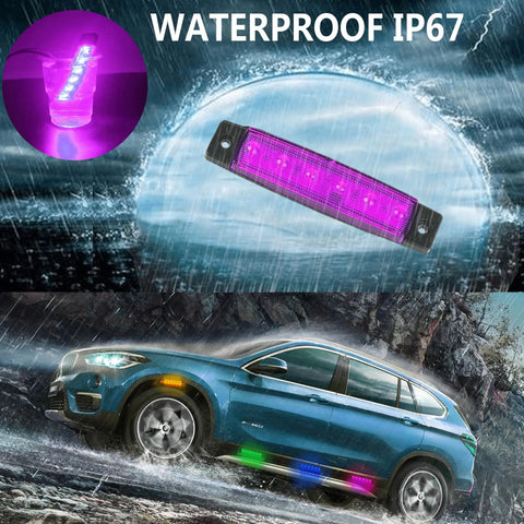 Purple LED Rock Lights 10 Pack Underglow Lighting Kit, waterproof IP67 shown on SUV in rain for off road nights