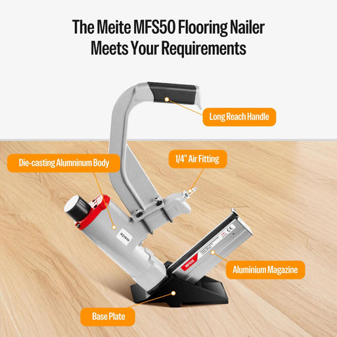 Heavy Duty Pneumatic Flooring Nailer With Rubber Mallet For Fast Hardwood And Engineered Wood Installations on a wooden floor.