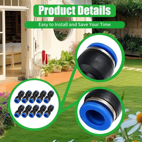 10 Pack Push To Connect Straight Tube Fittings 4mm OD To 4mm OD Pneumatic Connectors displayed on garden background