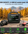 Ultra Lightweight Solar Generator 155Wh Kit With 30W Panel Portable Power Station on a table outdoors with camera and drone