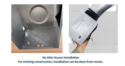 Quiet Bathroom Exhaust Fan With Light 50 CFM 1.0 Sone Easy Install No Attic Access Needed showing duct connection and installation