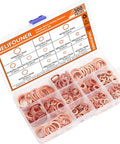 Copper Washer Kit With 12 Sizes And 300 Pieces in plastic case, detailed metric sealing washers, ideal for various repairs.