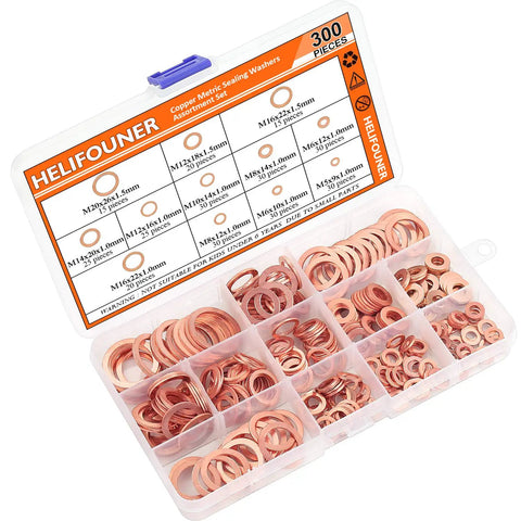 Copper Washer Kit With 12 Sizes And 300 Pieces in plastic case, detailed metric sealing washers, ideal for various repairs.
