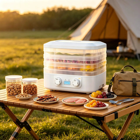 Sleek Digital Food Dehydrator With Adjustable Temperature And Timer For Fruits Veggies Meat Heavy Duty Electric Dryer in outdoor setting.