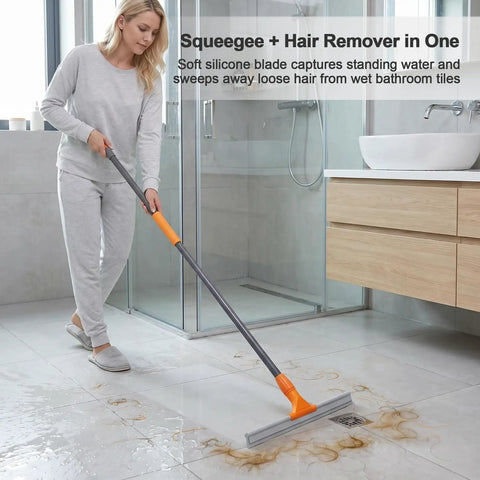 Woman using Silicone Floor Squeegee For Shower Glass Tiles Garage Floors And Windows No Streaks Flexible Wiper Pet Hair Remover Heavy Duty Easy Clean Multi Surface Tool With Compact Storage to clean bathroom floor.