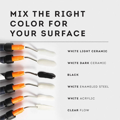 Assorted colors of tile repair kit for quick DIY fixes on chips and cracks in marble, Corian, porcelain, granite countertops, bathtubs, sinks.