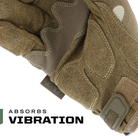 Close-up of M-Pact Tactical Gloves With Secure Fit And Touchscreen Capability showing D3O palm padding and MultiCam design.