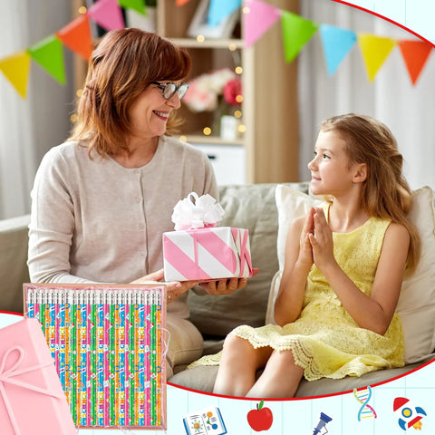 Gift of 60 Pcs Science Themed Pencils With Erasers Set For Classrooms And Labs; woman and child with present in colorful room.