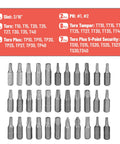Top Shelf Mini Ratchet Set, 34 Piece Cr-V Steel Kit With Security Bits And Right Angle Screwdriver Adapter, 1/4 Inch Drive set showing various bits.