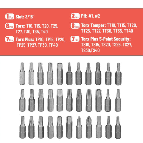 Top Shelf Mini Ratchet Set, 34 Piece Cr-V Steel Kit With Security Bits And Right Angle Screwdriver Adapter, 1/4 Inch Drive set showing various bits.