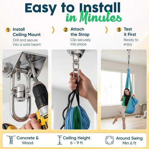 Install guide for Indoor Outdoor Kid Sensory Swing With Calming Cocoon Hug Hammock, 360 Degree Swivel Hardware, Holds Up To 300 Lbs.