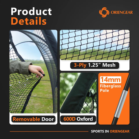 Close-up details of Backyard Baseball And Softball Batting Cage 20 Ft Long 13 Ft Wide 9 Ft High Fully Enclosed With Frame 1.25 Inch Mesh Net For Hitting And Pitching Practice In Your Yard, featuring mesh, poles, and removable door.