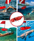 Compact Lifeguard Float Rescue Can Buoy 28 Inch for spearfishing and scuba dive, torpedo style in various aquatic settings